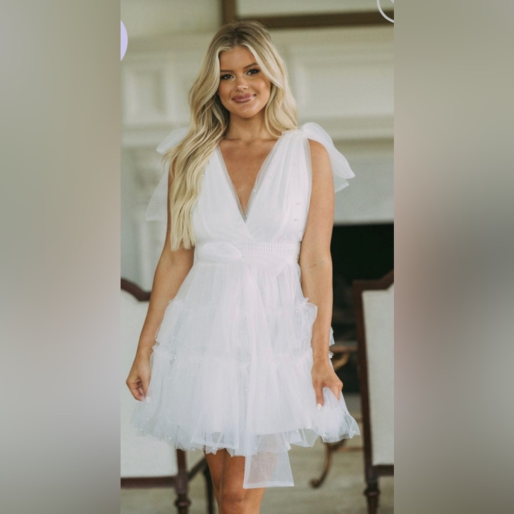 These Three Boutique Pearl Accented Tiered Mesh Dress